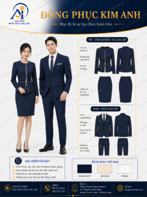 Đồng Phục Kim Anh nhận may đồng phục vest giá rẻ HCM cho doanh nghiệp, văn phòng, sales, bất động sản, showroom, spa, khách sạn và bộ phận quản lý. Hỗ trợ may đo chuẩn form nam nữ, nhận may số lượng ít, thiết kế maquette, tư vấn chất liệu, may mẫu theo yêu cầu và báo giá rõ ràng tại TP.HCM.