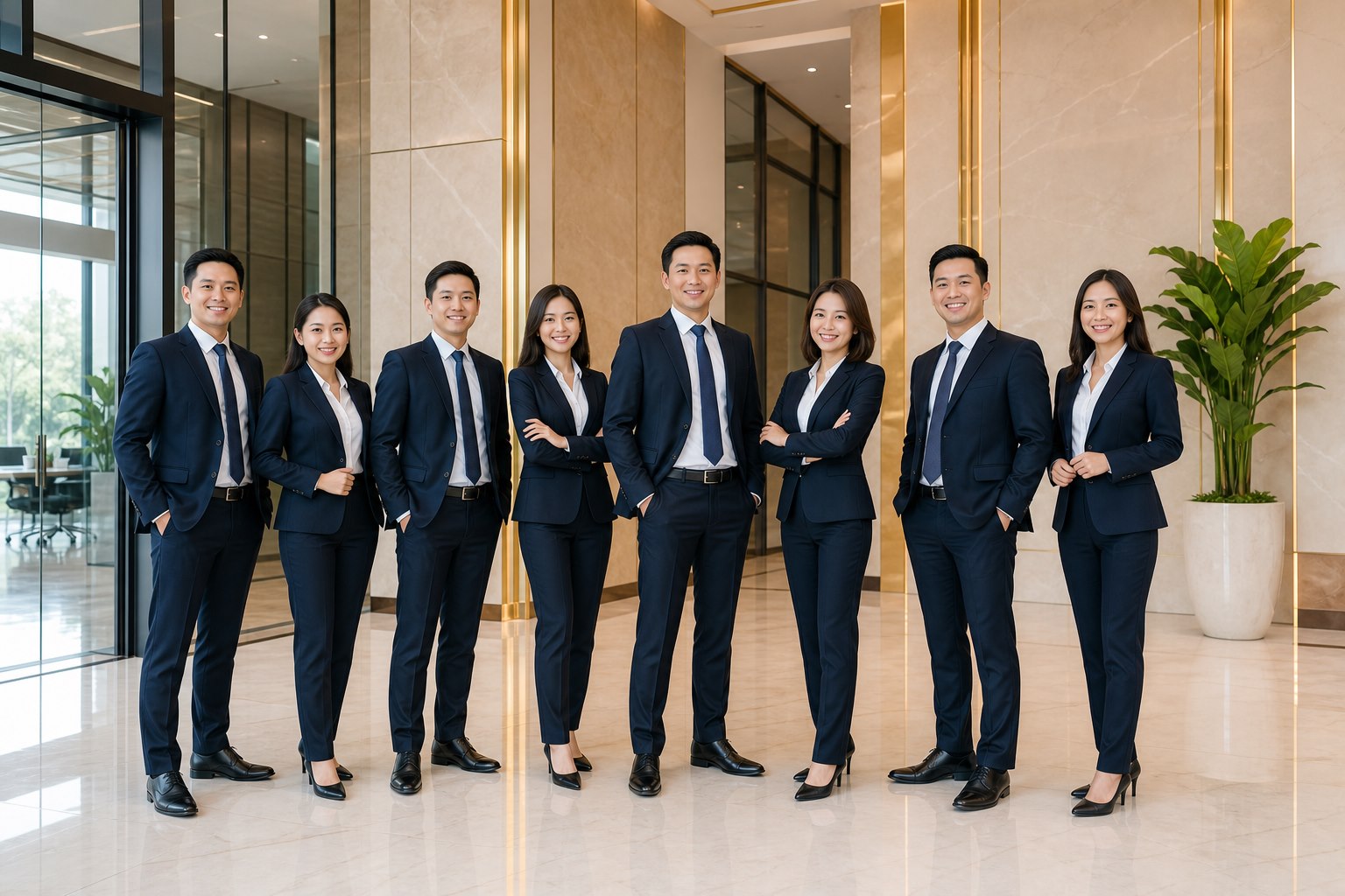 Ảnh AI minh họa đội ngũ mặc đồng phục công sở, không phải nhân sự Khang Điền thực tế