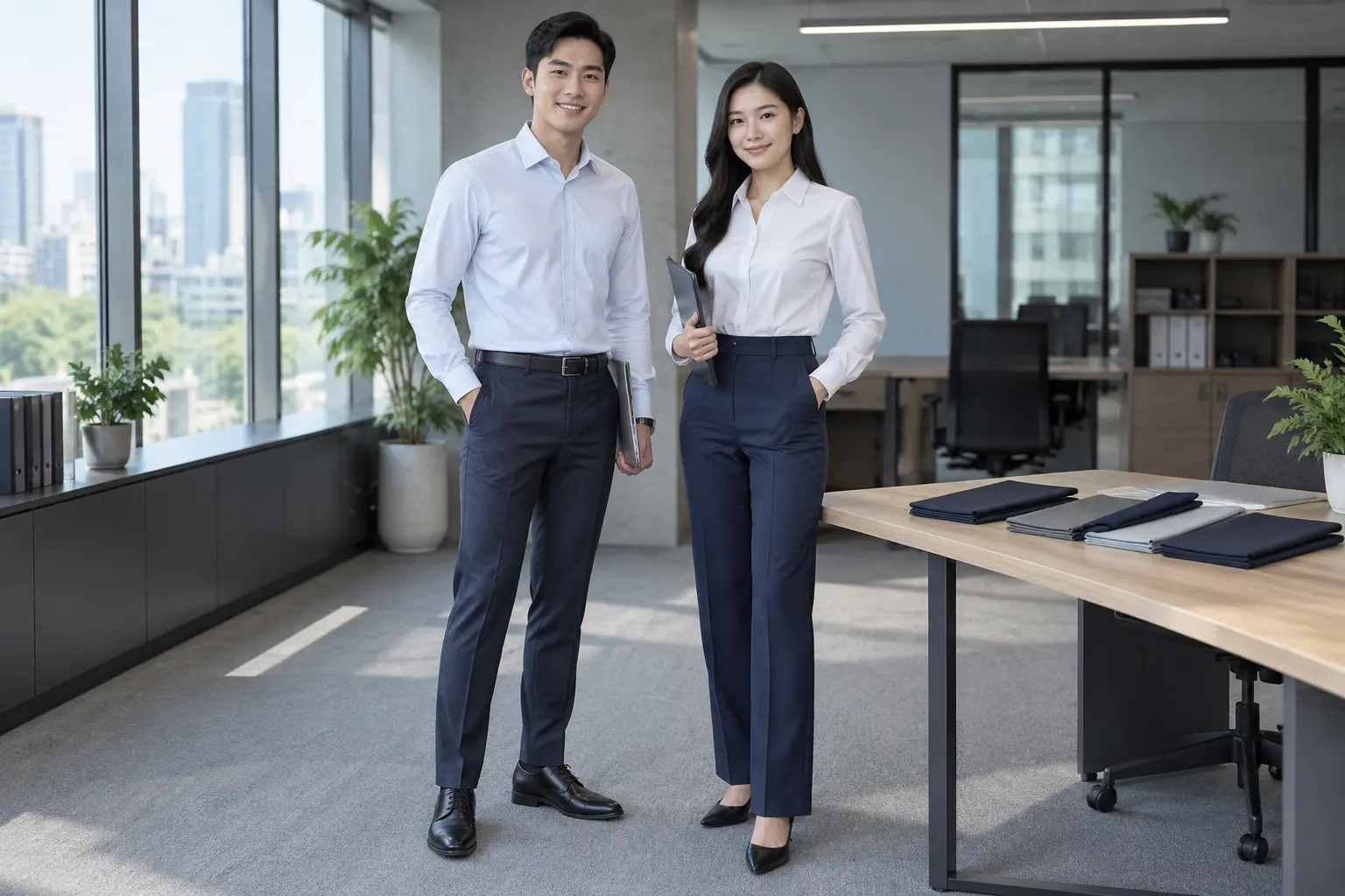Polyester Viscose Spandex minh họa trên quần tây nam nữ công sở