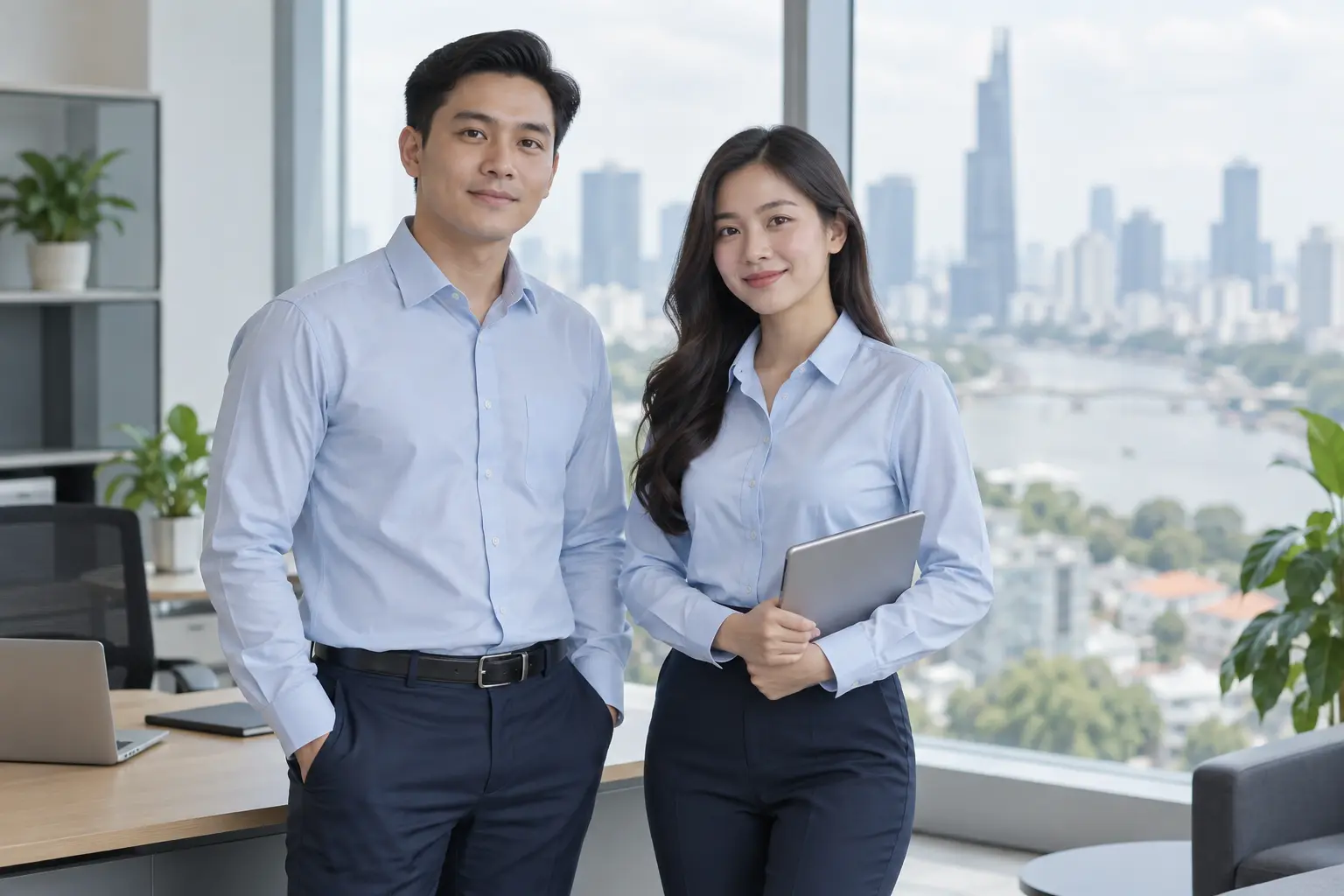 Vải đồng phục công sở TPHCM minh họa qua hai nhân viên mặc sơ mi xanh nhạt