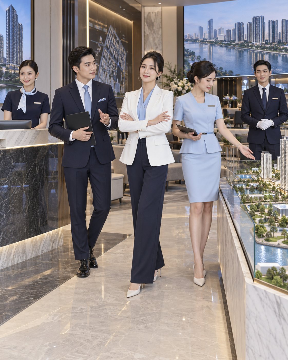 Đội ngũ đồng phục công ty bất động sản tại sales gallery