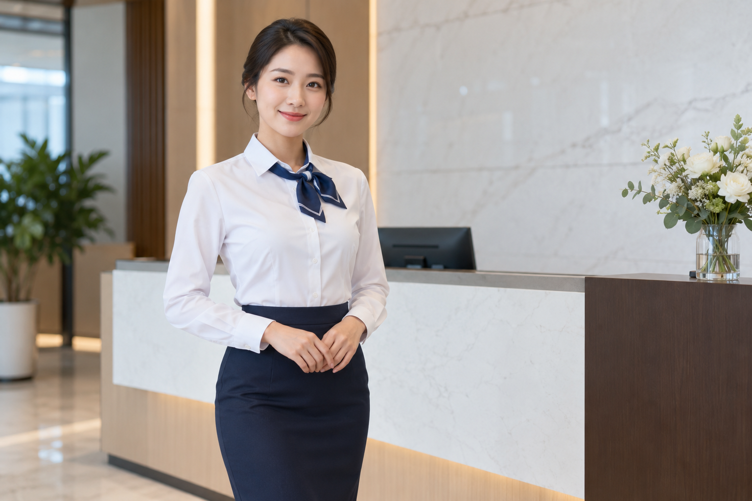 Đồng Phục Kim Anh tư vấn và đo size sơ mi cho nhân viên lễ tân